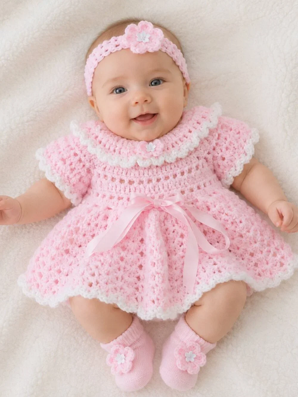 Handmade Crochet Baby Girl Dress Set 0-3 Months, Pink & White Outfit & headband